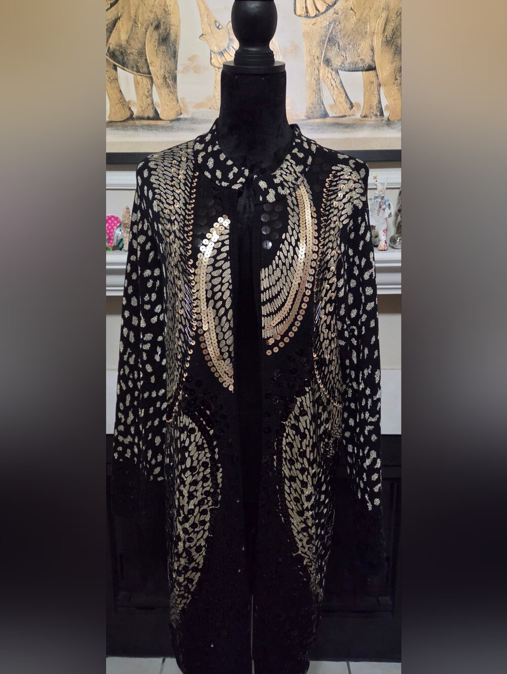 Chico's Black & Gold Sequin Open-Front Duster Jacket Blazer
